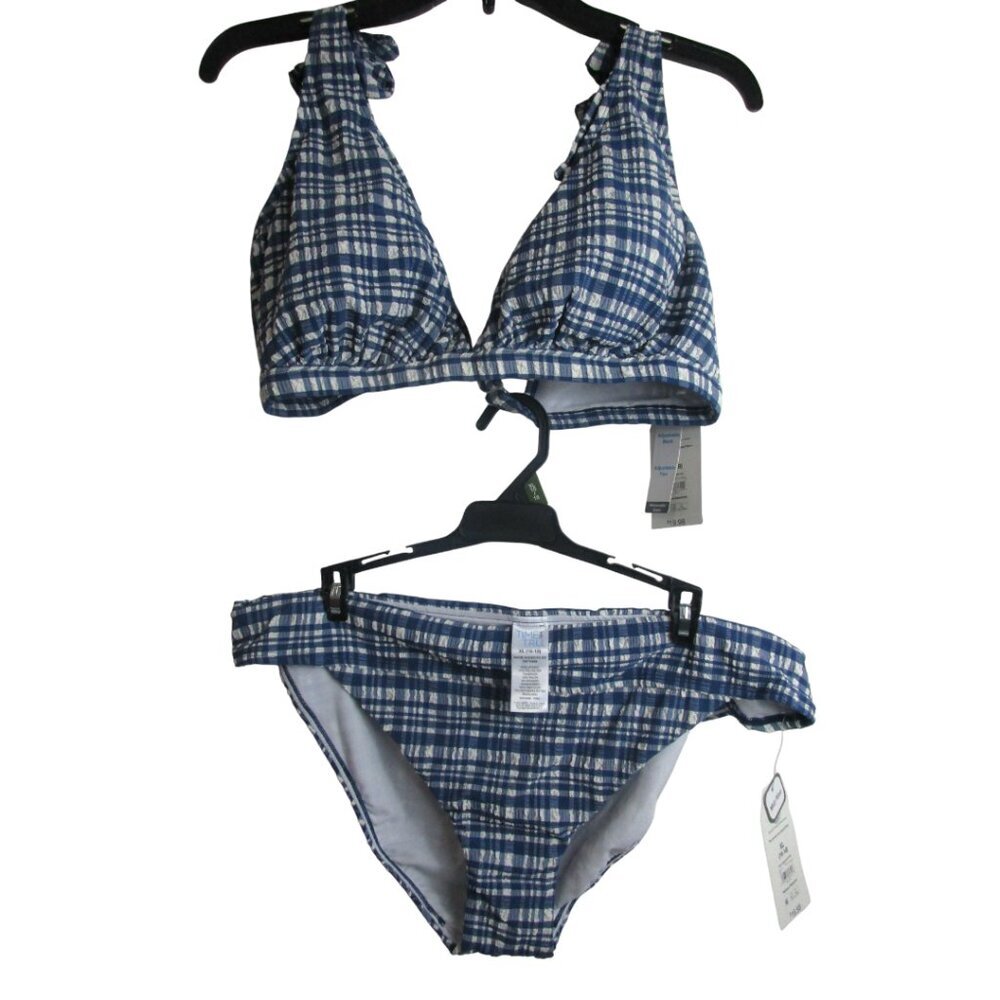 Time and Tru Bikini Top Womens XL Multi Seersucker Stretch Tie Shoulder Mid Rise